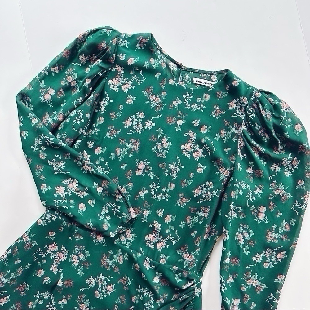 NEW Reformation Juni Floral Puff Sleeve Dress Green - Picture 11 of 15